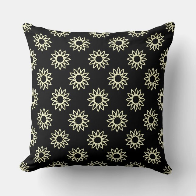 Geometric Flower 01 - Pale Yellow on Black Cushion (Front)