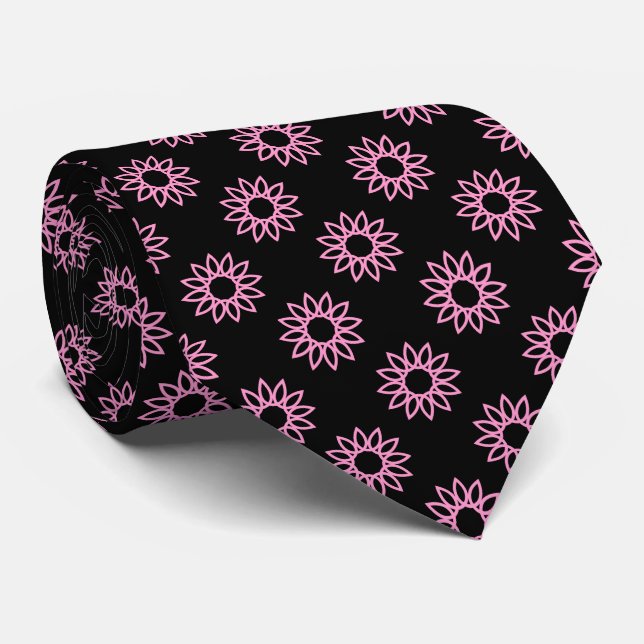 Geometric Flower 01 - Pink on Black Tie (Rolled)