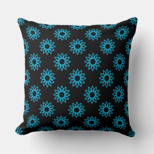 Geometric Flower 01 - Sky Blue on Black Cushion