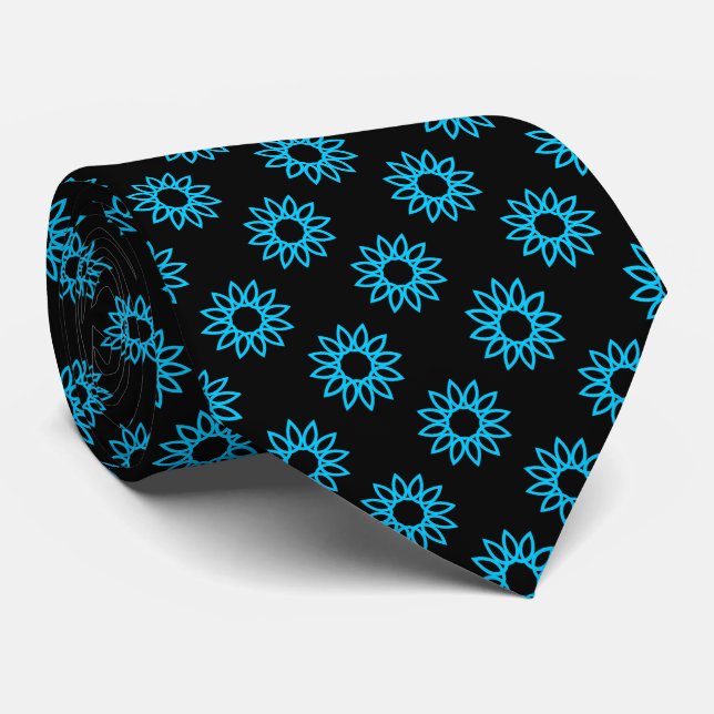 Geometric Flower 01 - Sky Blue on Black Tie (Rolled)