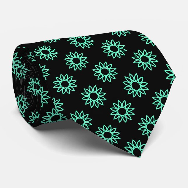 Geometric Flower 01 - Turquoise on Black Tie (Rolled)