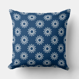 Geometric Flower 01 - White on Shibori Blue Cushion
