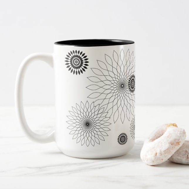 Geometric Flower ~ Black Two-Tone Coffee Mug (With Donut)