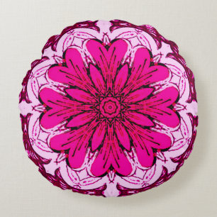 Geometric Flower Pattern in Burgundy & Magenta Round Cushion