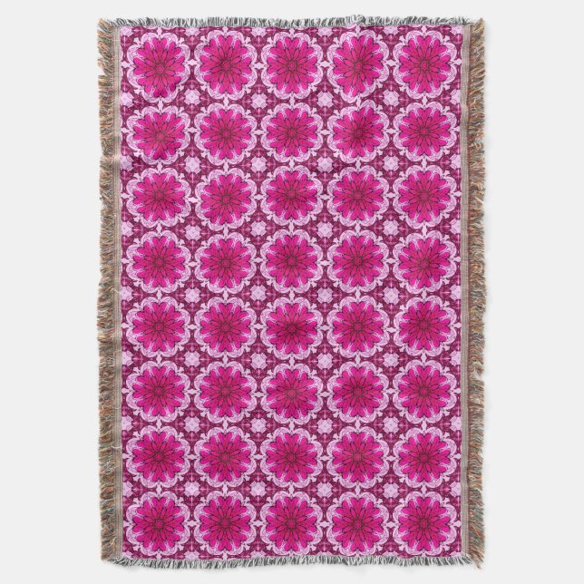 Geometric Flower Pattern in Burgundy & Magenta    Throw Blanket (Front Vertical)