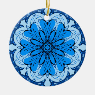 Geometric Flower Pattern in Cerulean & Light Blue Ceramic Tree Decoration