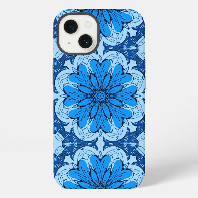 Geometric Flower Pattern in Cerulean & Light Blue iPhone Case (Back)