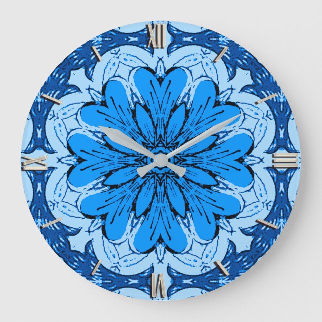 Geometric Flower Pattern in Cerulean & Light Blue Large Clock (Front)
