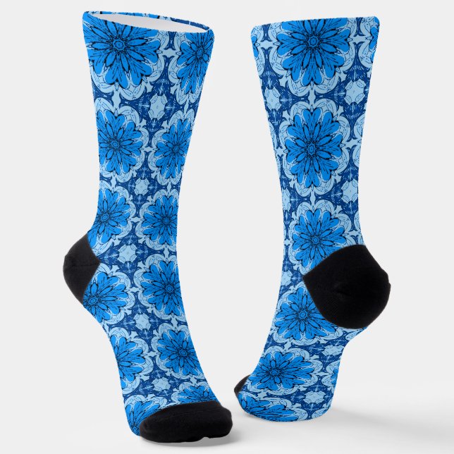 Geometric Flower Pattern in Cerulean & Light Blue Socks (Angled)