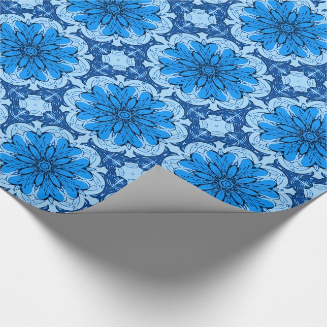 Geometric Flower Pattern in Cerulean & Light Blue Wrapping Paper (Corner)