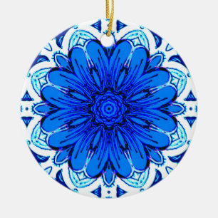 Geometric Flower Pattern in Cobalt Blue and Navy   Ceramic Tree Decoration