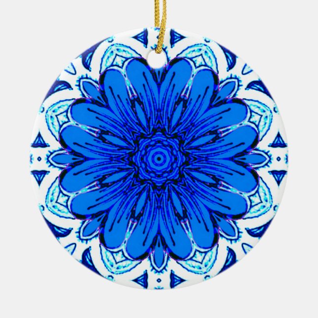 Geometric Flower Pattern in Cobalt Blue and Navy   Ceramic Tree Decoration (Front)