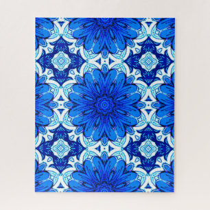 Geometric Flower Pattern in Cobalt Blue and Navy Jigsaw Puzzle