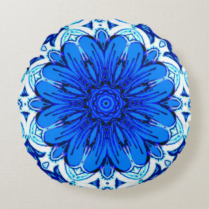 Geometric Flower Pattern in Cobalt Blue and Navy   Round Cushion