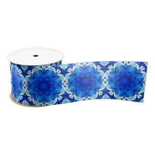 Geometric Flower Pattern in Cobalt Blue and Navy   Satin Ribbon