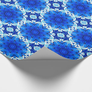 Geometric Flower Pattern in Cobalt Blue and Navy   Wrapping Paper
