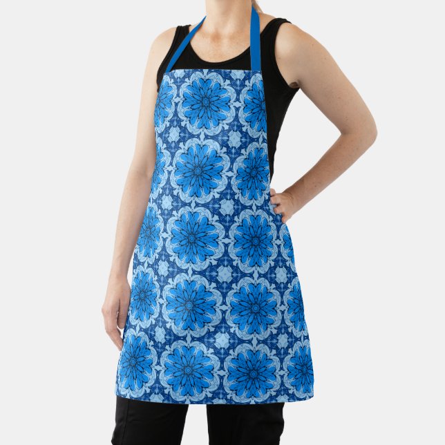 Geometric Flower Pattern in Shades of Denim Blue Apron (Insitu)