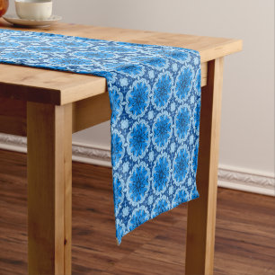 Geometric Flower Pattern in Shades of Denim Blue Short Table Runner