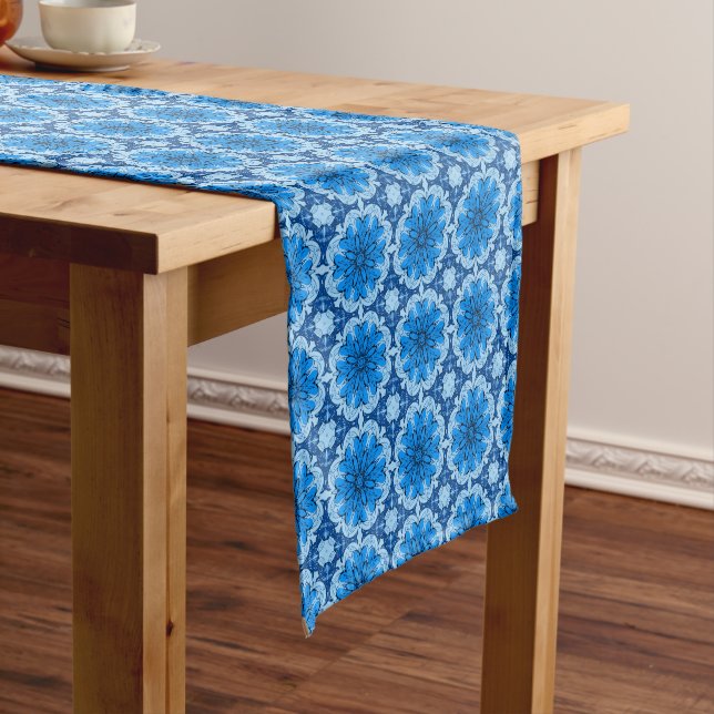 Geometric Flower Pattern in Shades of Denim Blue Short Table Runner (In Situ)