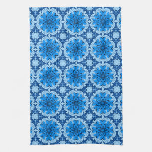 Geometric Flower Pattern in Shades of Denim Blue Tea Towel