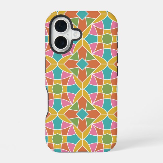 Geometric Flower Pattern Retro Rainbow iPhone 16 Case (Back)
