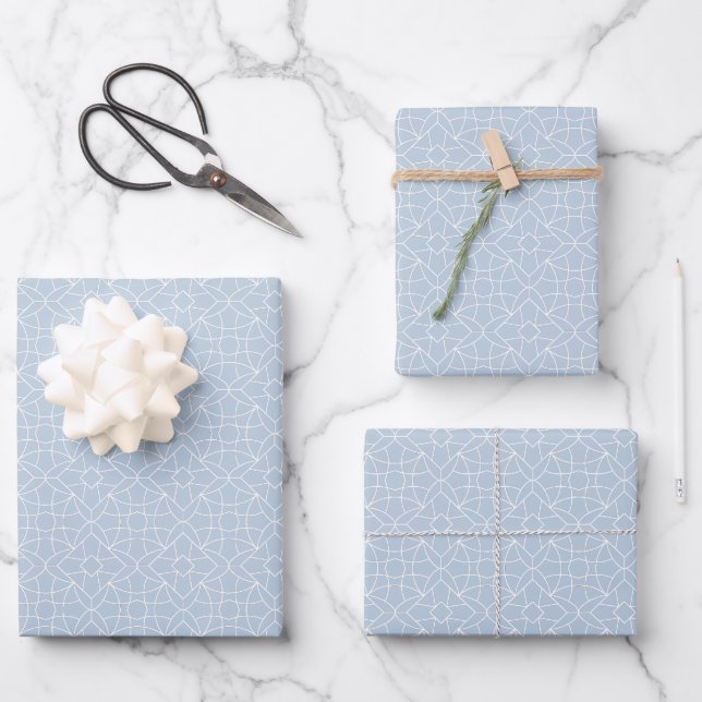 Geometric Flower Traditional Pattern Blue & White Wrapping Paper Sheet (Front)