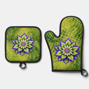 Geometric Flower with Purple and Green Petals Oven Mitt & Pot Holder Set