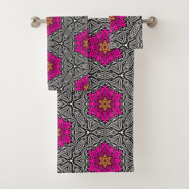 Geometric Flowers - Fuchsia Pink and Grey   Bath Towel Set (Insitu)