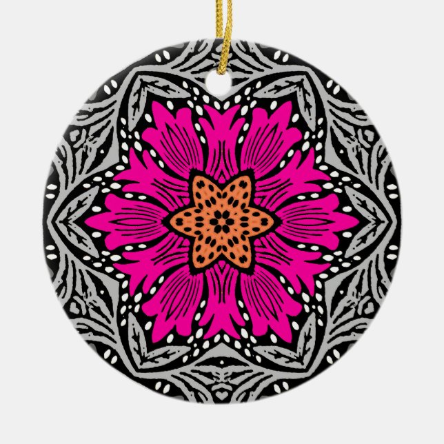 Geometric Flowers - Fuchsia Pink and Grey Ceramic Tree Decoration (Front)