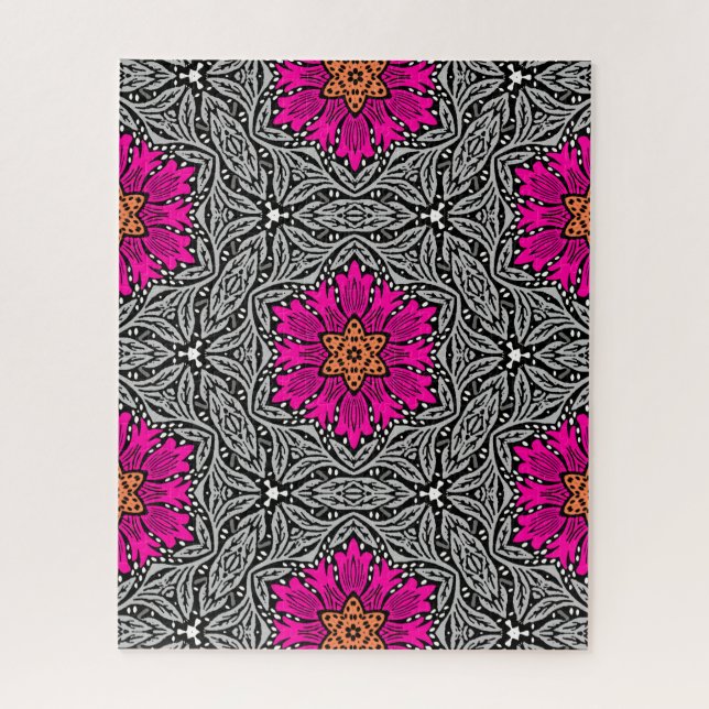 Geometric Flowers - Fuchsia Pink and Grey   Jigsaw Puzzle (Vertical)