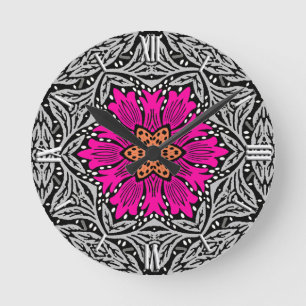 Geometric Flowers - Fuchsia Pink and Grey   Round Clock