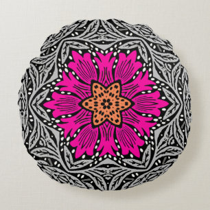 Geometric Flowers - Fuchsia Pink and Grey   Round Cushion