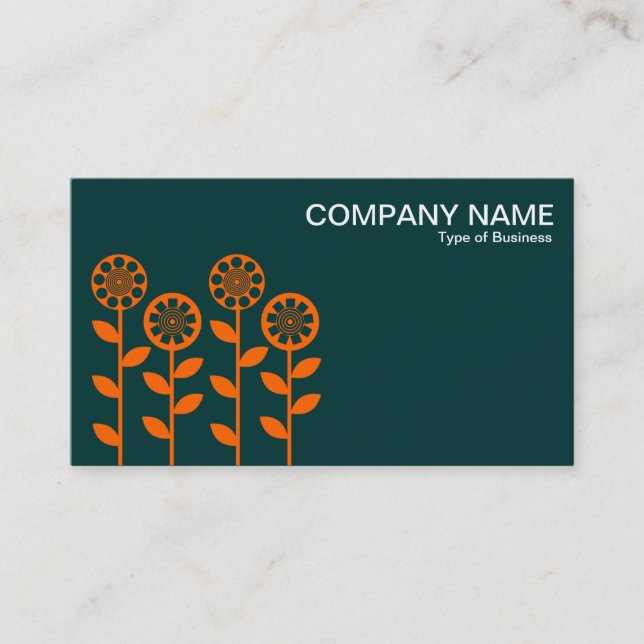 Geometric Flowers - Orange on Dark Green Business Card (Front)
