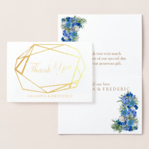 Geometric Foil  Blue Flower THANK YOU Wedding Card