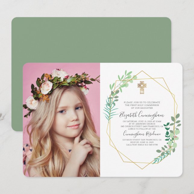 Geometric Foliage Cross Photo Communion Invitation (Front/Back)