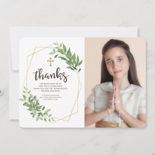 Geometric Foliage Cross Photo Communion Thank You Card