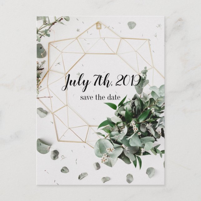 Geometric Foliage Save the Date Post Cards (Front)