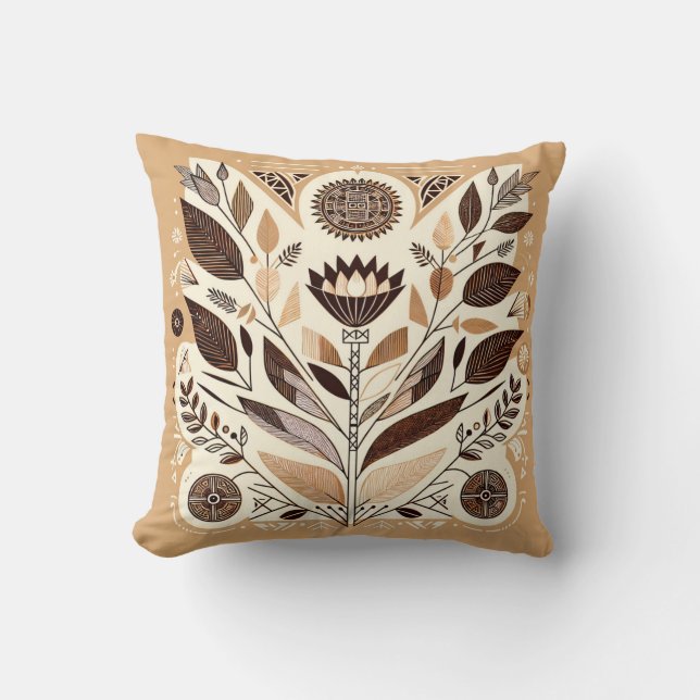 Geometric Folk Art Throw Pillow | Beige & Brown Sy (Front)