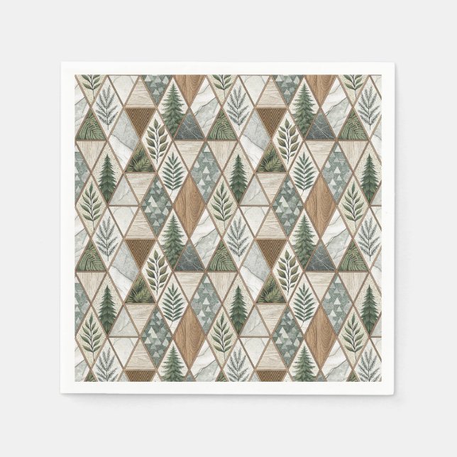 Geometric Forest Pine & Marble Leaf Tile Pattern Napkin (Front)