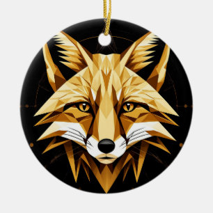 Geometric Fox Illustration With Golden Tones Ceramic Tree Decoration