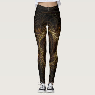 Geometric Fractals Black Gold Brown Elegant Leggings