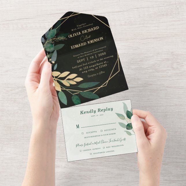 Geometric frame and green Black with Rsvp  All In One Invitation (Tearaway)