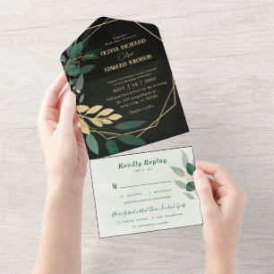 Geometric frame and green Black with Rsvp  All In One Invitation