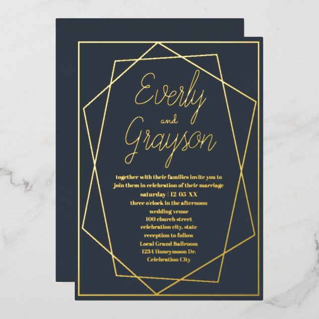 Geometric Frame Blue Opulence & Gold Wedding     (Front/Back)