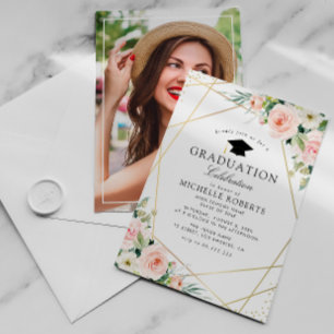 geometric frame blush pink floral graduation party invitation