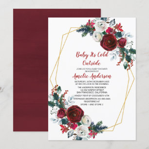 Geometric Frame Burgundy Flowers Baby Shower Invitation