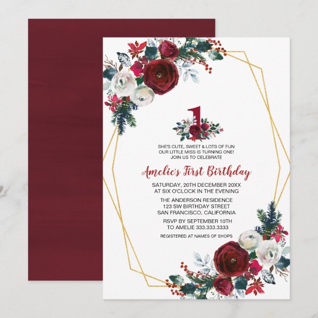 Geometric Frame Burgundy Flowers First Birthday Invitation (Front/Back)