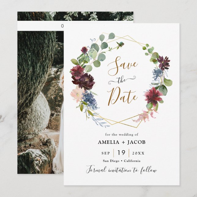 Geometric Frame Burgundy Navy Floral Save the Date Invitation (Front/Back)