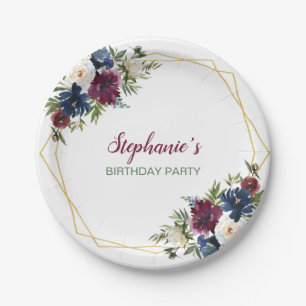 Geometric Frame Burgundy Navy Flowers Birthday Paper Plate
