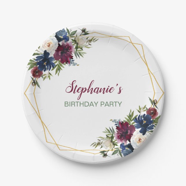 Geometric Frame Burgundy Navy Flowers Birthday Paper Plate (Front)